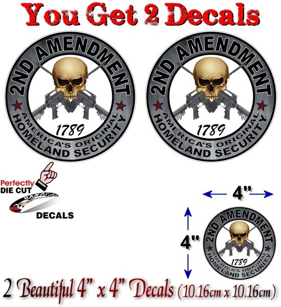(2) 4" 2nd Amendment Decals Gun Hunting Scope Skull Rifle Safe Case 4×4 Stickers