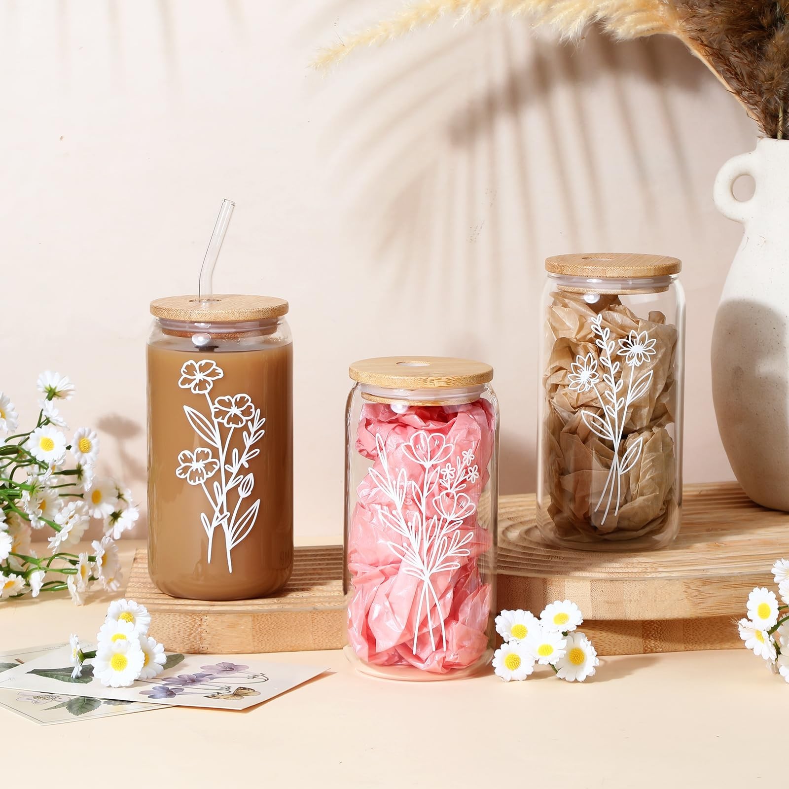 8 Pcs Spring Floral Glass Cups with Lids and Straws 16 oz Cute Flower Iced Co…