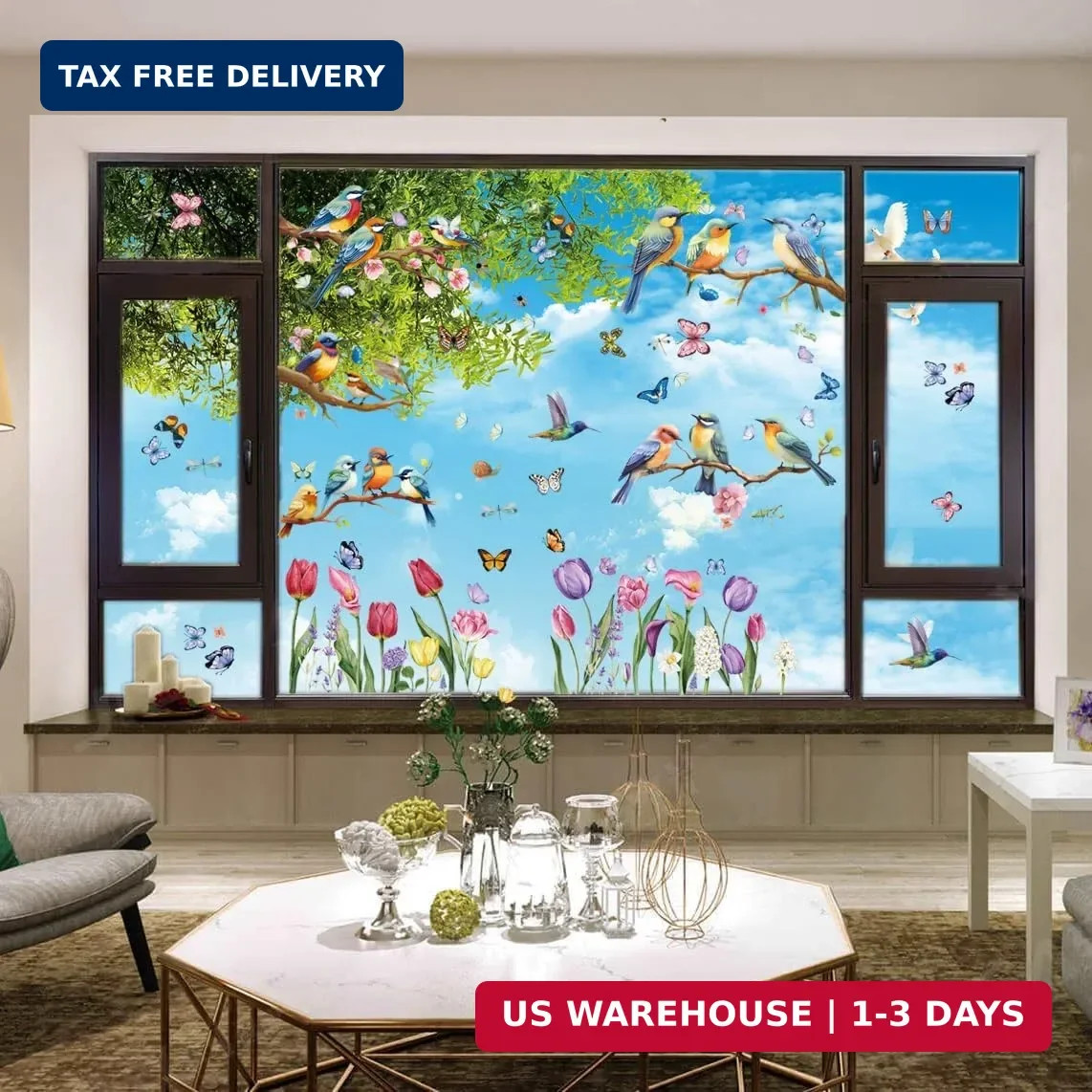 Spring Window Cling Sticker – 78PCS Tulip Butterfly Flower Hummingbirds Window D