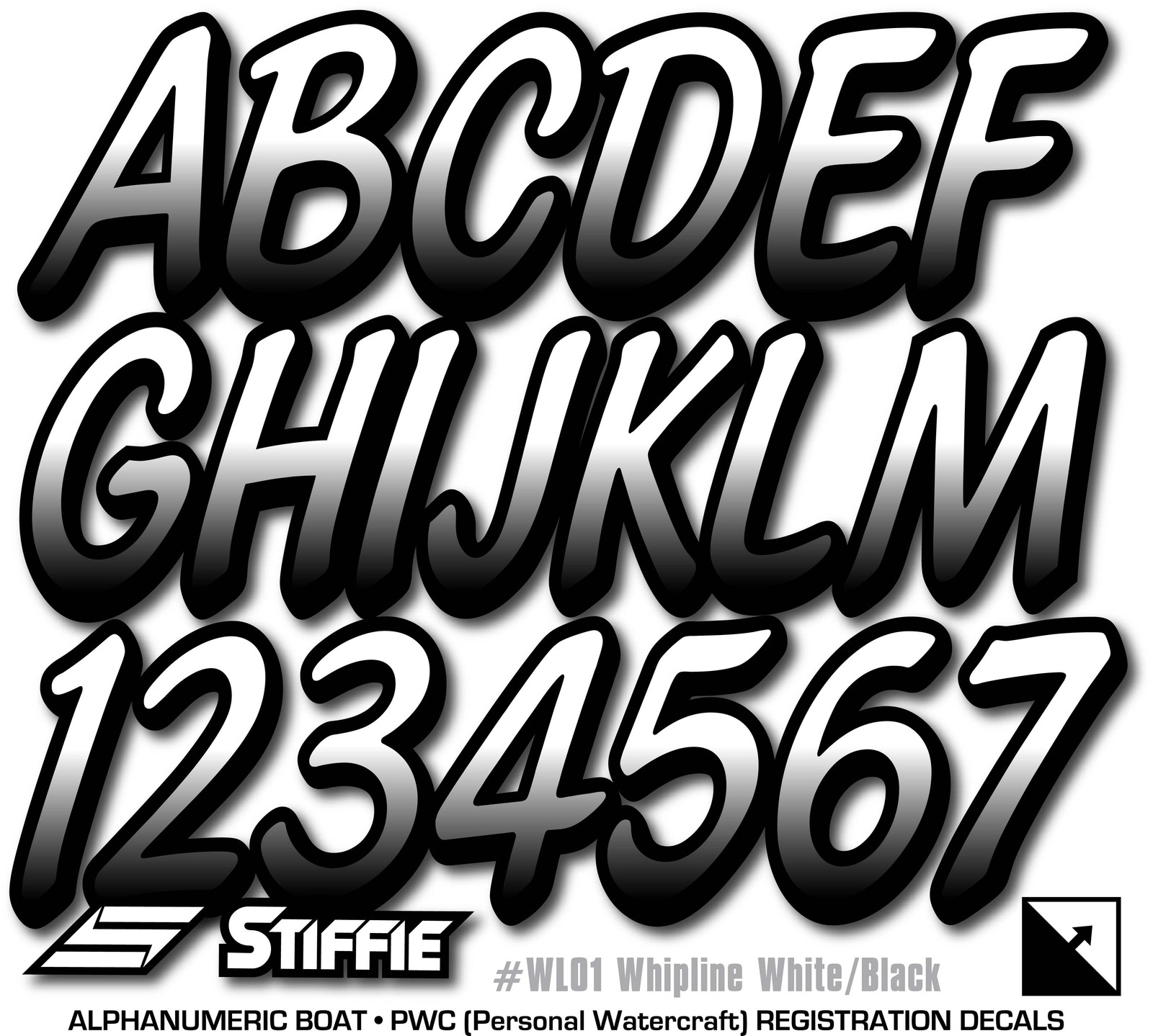 STIFFIE Whipline White/Black 3" Boat & PWC Registration Decals • Numbers Letters