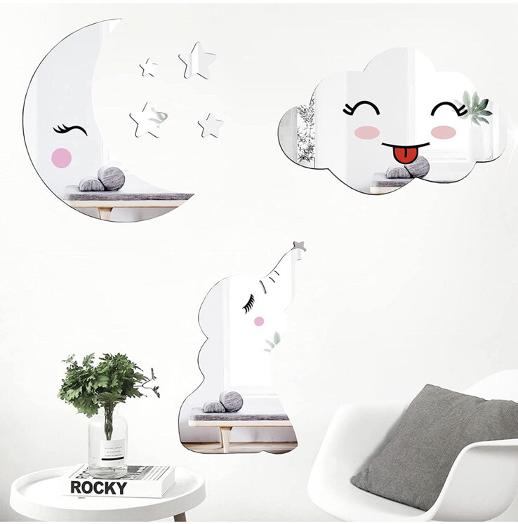 4 Set 3D Acrylic Mirror Wall Stickers , Stars Clouds Butterfly Mirrors Decals