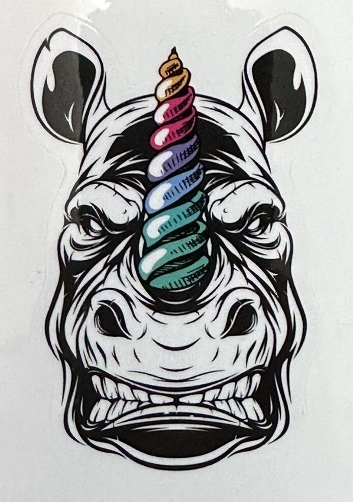 RAINBOW UNICORN RHINO ~ Small Vinyl Sticker (2 in x 1.25 in)
