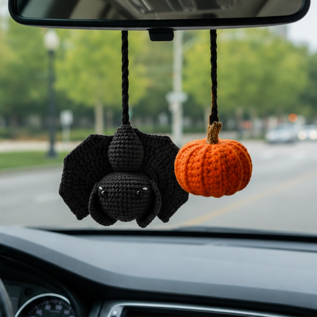 Handmade Crochet Halloween Car Charm, Ghost Pumpkin Hanging, Spooky Gift