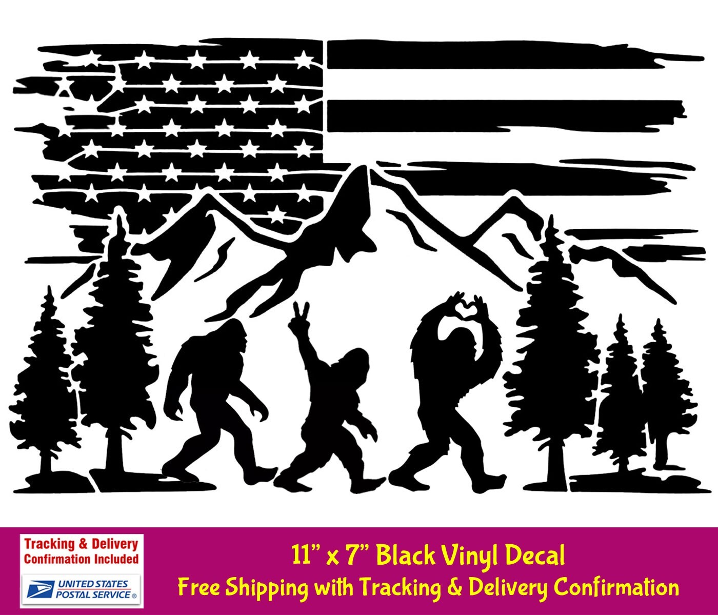 Bigfoot Sasquatch Having Fun American Flag Mountain Range 11" Black Vinyl Decal