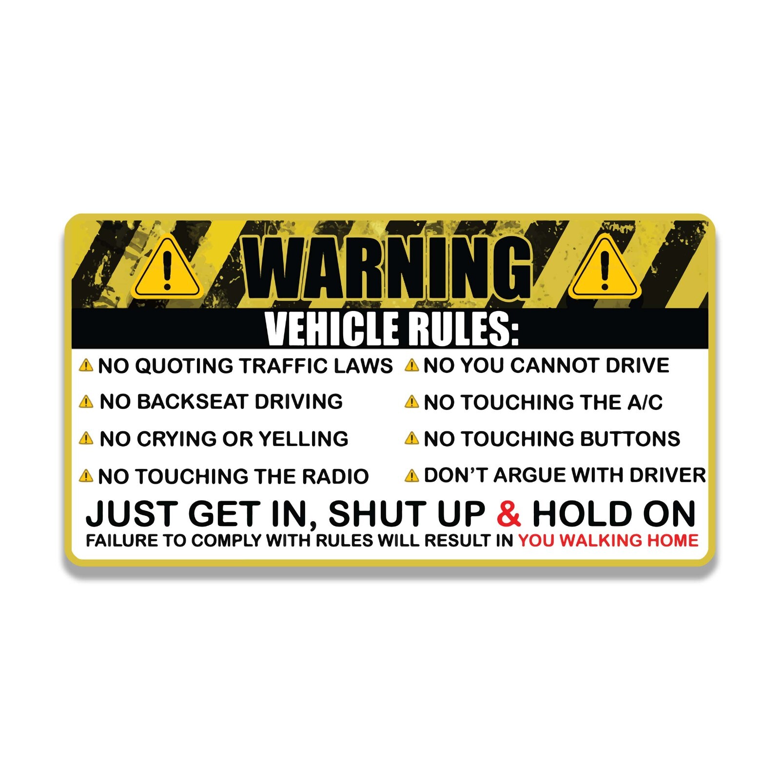 Collectible Decals Vehicle Rules Funny Warning Vinyl Sticker for Car Visor, Dash