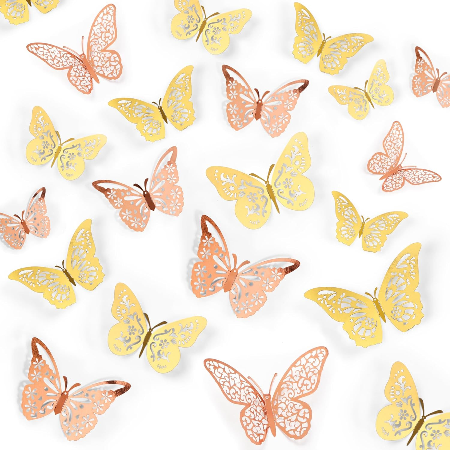 48 Pcs Gold and Rose Gold Butterfly Decorations, 4 Styles 3 Sizes, Wall