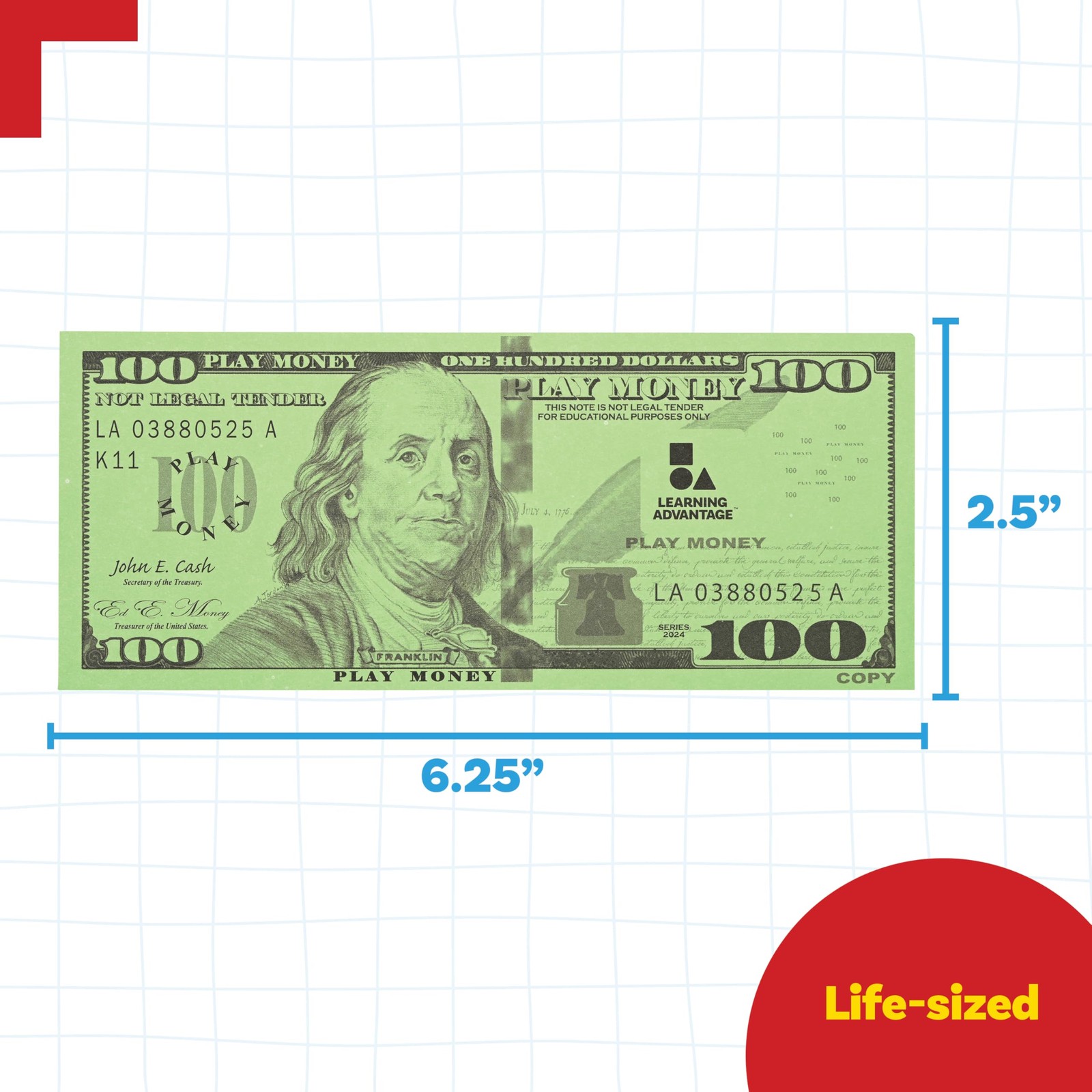 Learning Advantage One Hundred Dollar Play Bills | 6.25 x 2.5 inches, Green