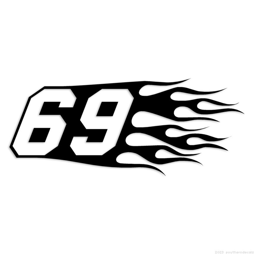 Flames Number 69 – Decal Sticker – Multiple Colors & Sizes – ebn7335