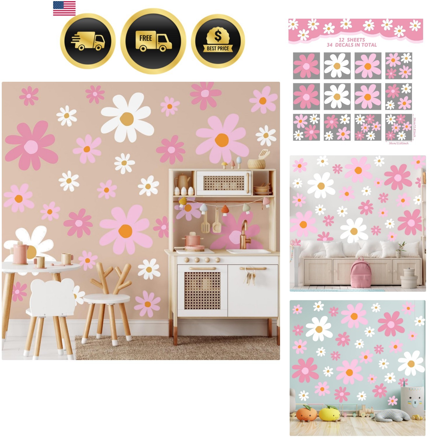 12 Sheet Daisy Wall Sticker Decal Removable Cute Daisy Bedroom Room Decor Flo…