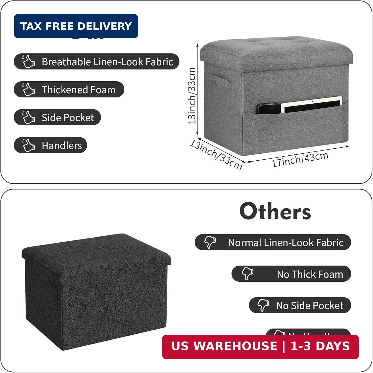Storage Ottoman. Foot Rest Stool with Thicker Foam Padded Seat. Linen Footstool