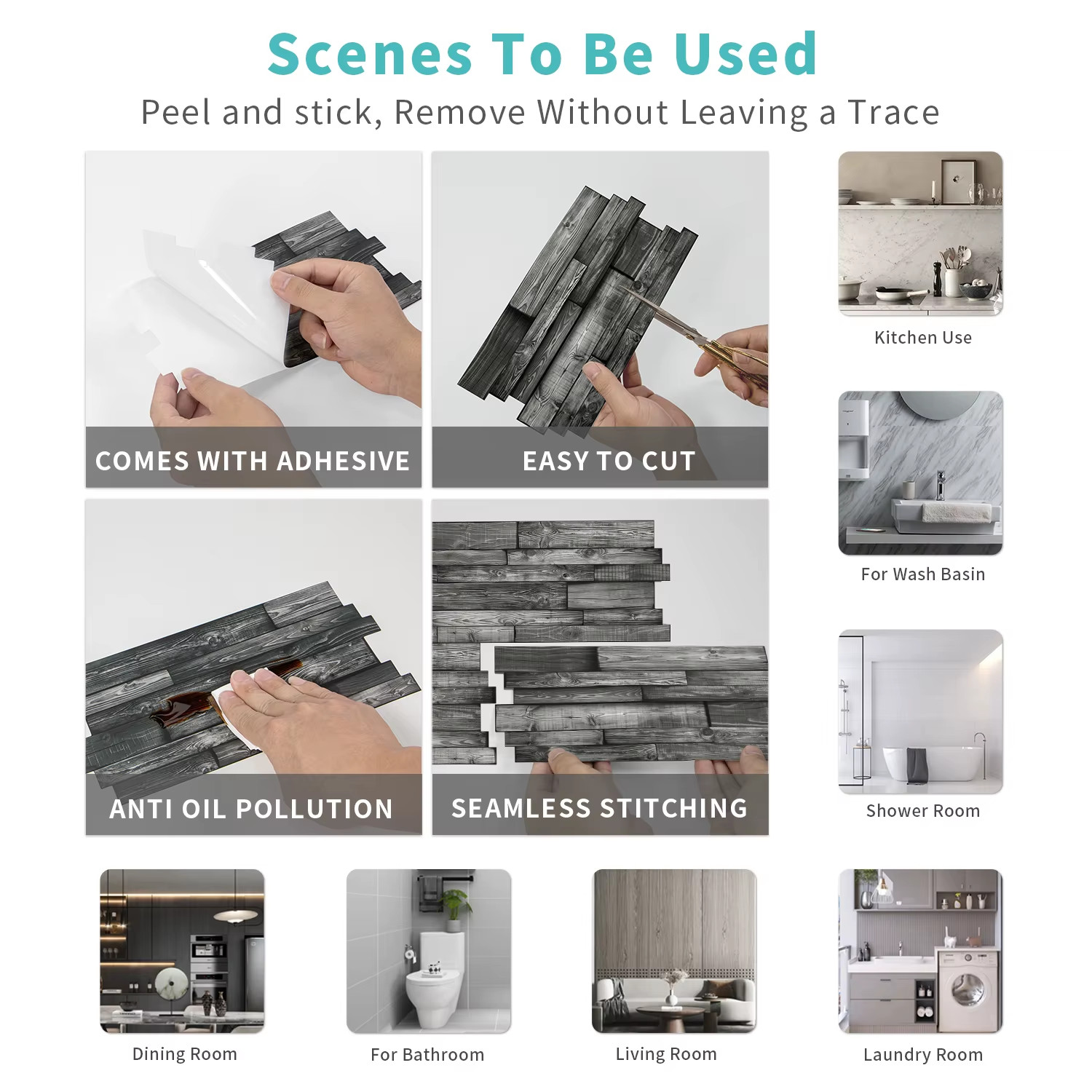 48 Pack Self Adhesive Faux Marble Wall Tile Stickers Kitchen Bath Decor, Gray