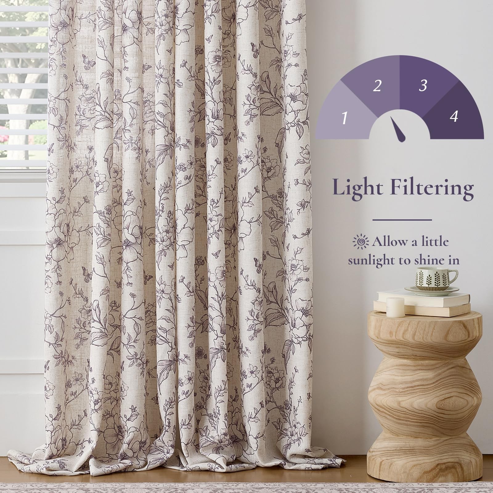 GIGIZAZA Purple Floral Curtains 108 Inch 2 Panels, Linen Blend Living Room Se…