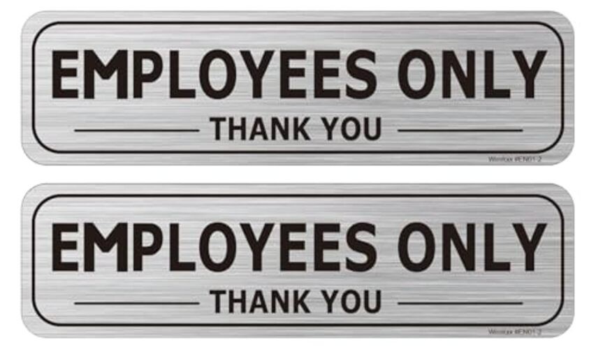 2 Pack Employees Only Sign Stickers 9"x2.5", Back Adhesive, Metal like Brushed