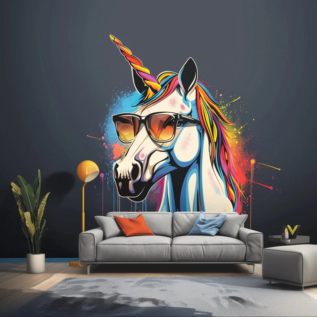 Graffiti Unicorn Wall Sticker – Colorful Unicorn with Sunglasses Decal – Modern
