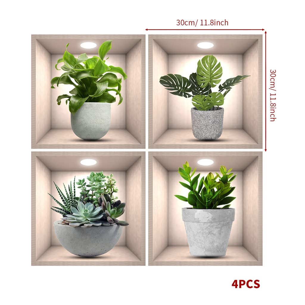 4 Pack 3D Green Plants Wall Stickers Botanical Plants Wall Decals for Bedroom…