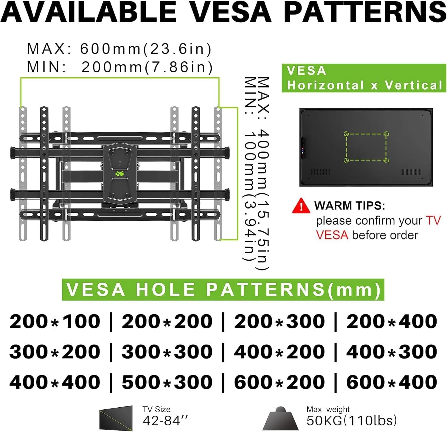 Ul Listed Tv Wall Mount For 42"85" Tvs Up To 110lbs And 8"24" Wood Studs Tv Moun
