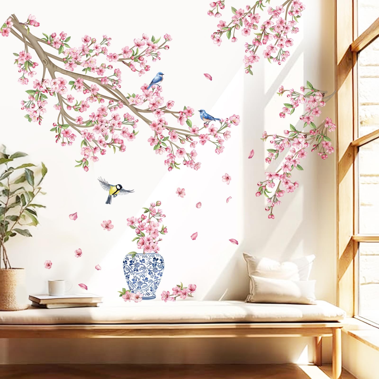 Pink Cherry Blossom Flower Tree Wall Decals Hanging Floral Tree Branch Birds …