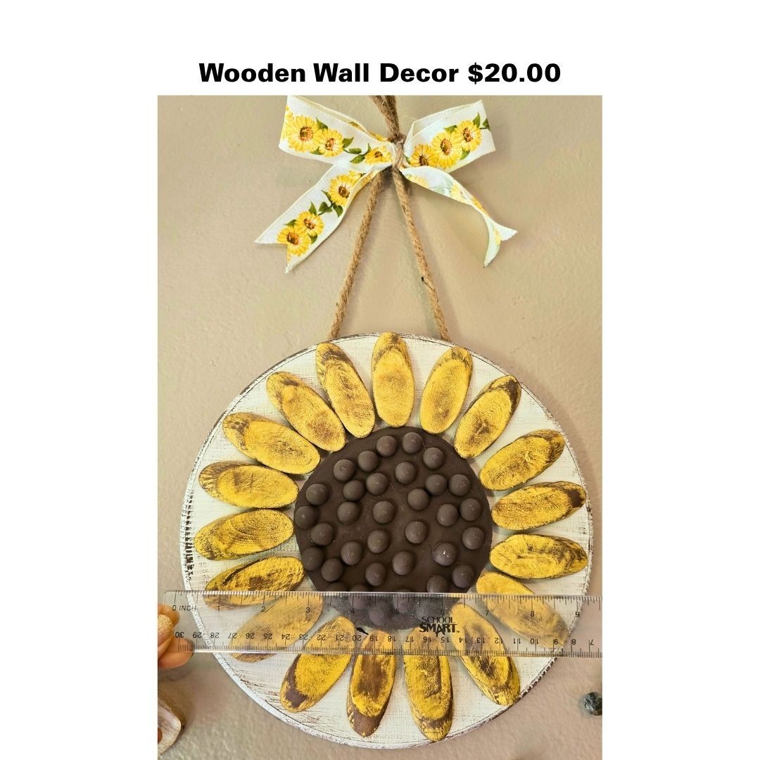 Handmade Sunflower from wood pieces, yellow, brown and white, jute rope