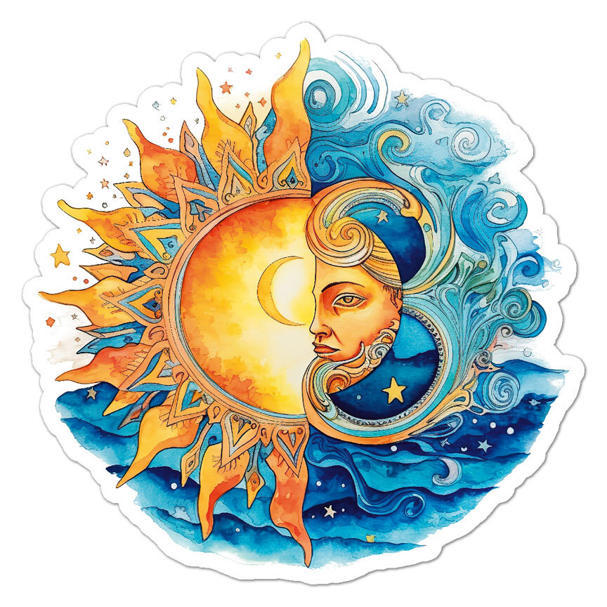 Celestial Sun Moon, Vinyl Decal Sticker, Indoor Outdoor, 3 Sizes, #11171
