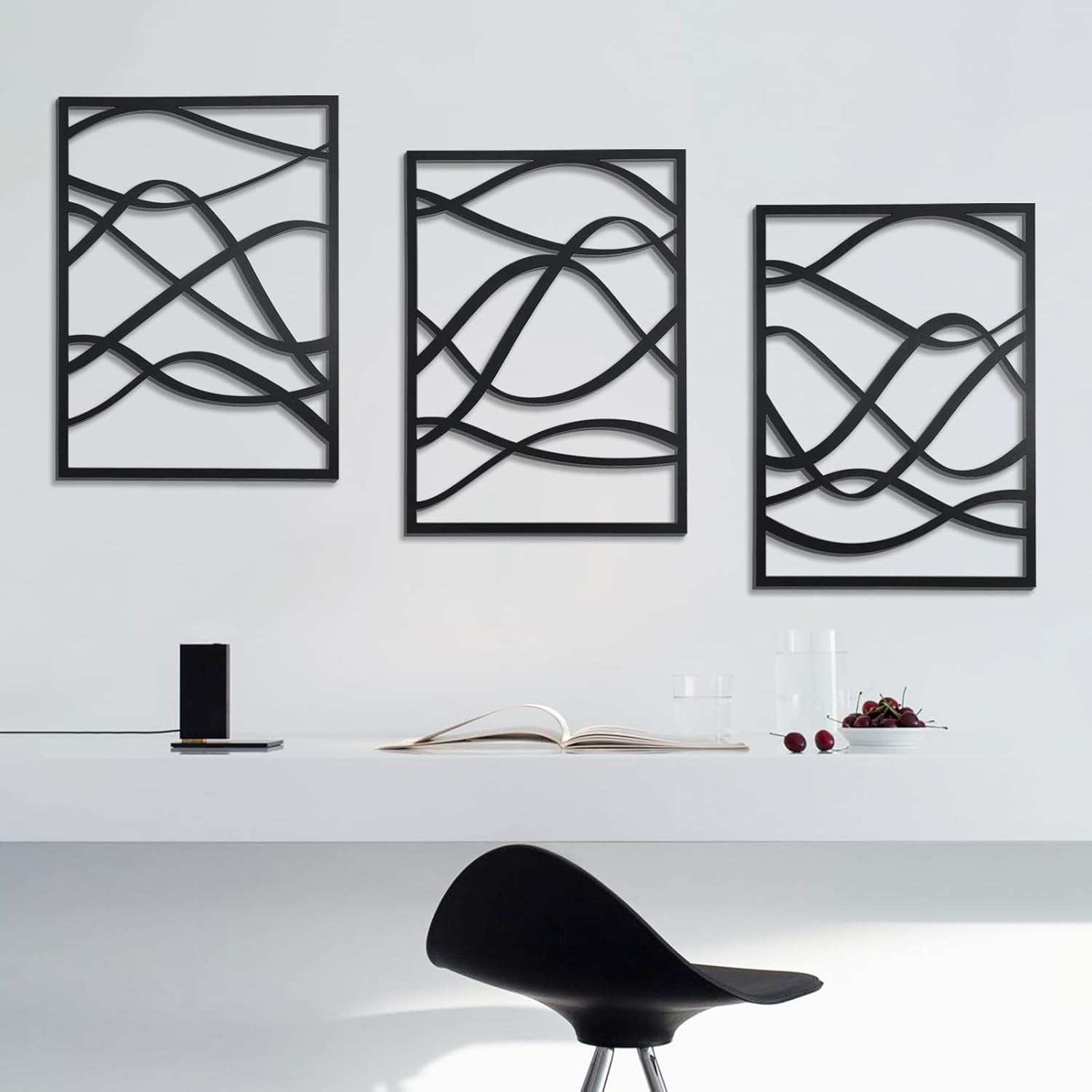 3 Pcs Minimalist Black Wooden Wall Art, Abstract Single Line Wall Decor for Home