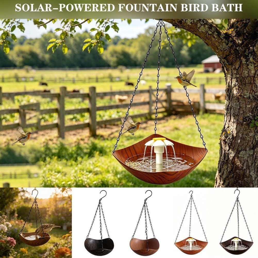 Garden Bird Bath with Solar Fountain and Feeding Area Designed for Hanging Use