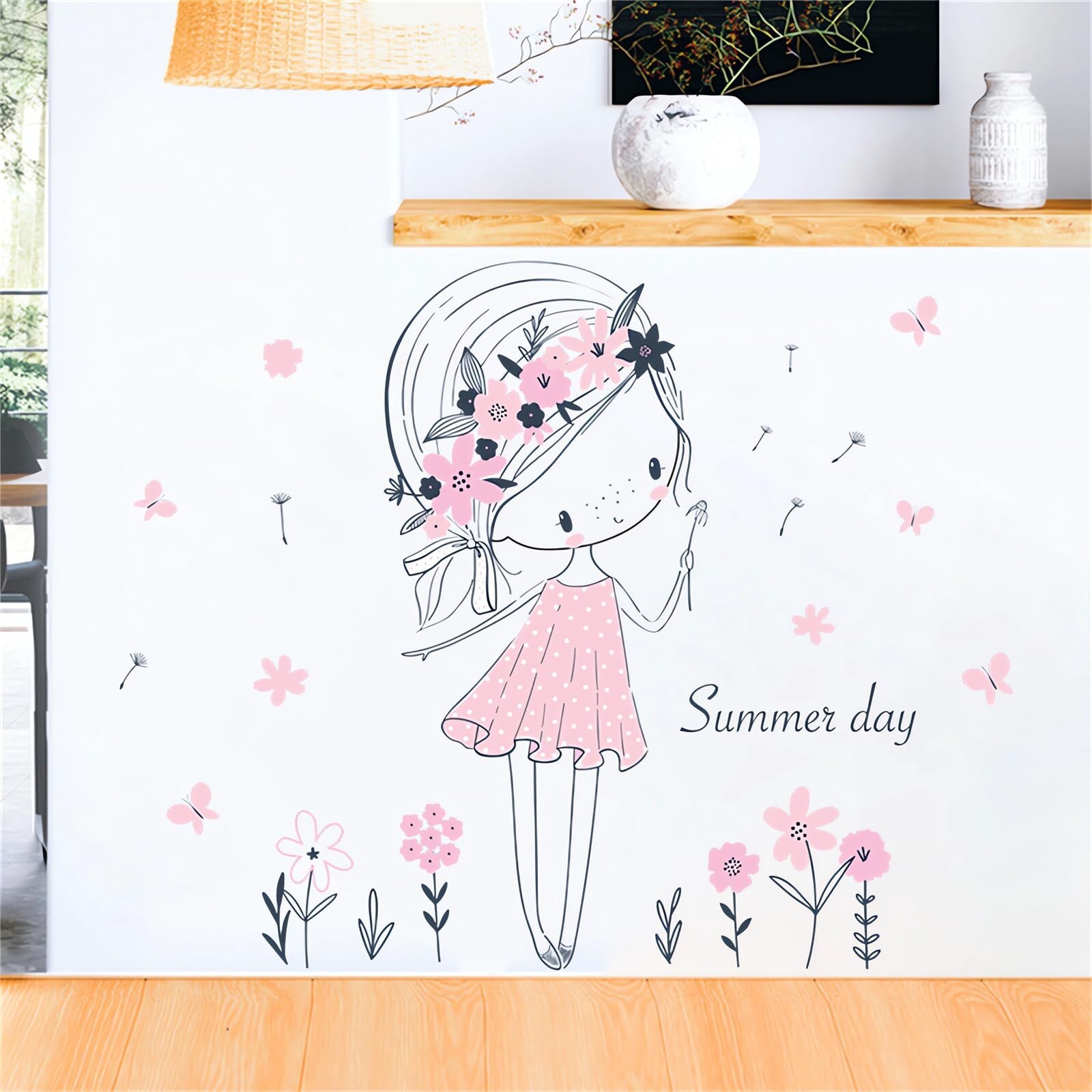 Pale Pink Dandelion Girl Wall Stickers, sacinora Summer Flower Fairy Art Wall…