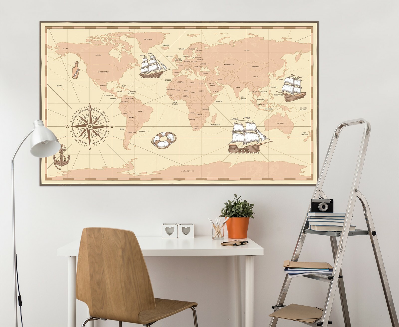 3D Sailing Boat B001 World Map Wall Stickers Vinyl Wallpaper Mural Murals Amy
