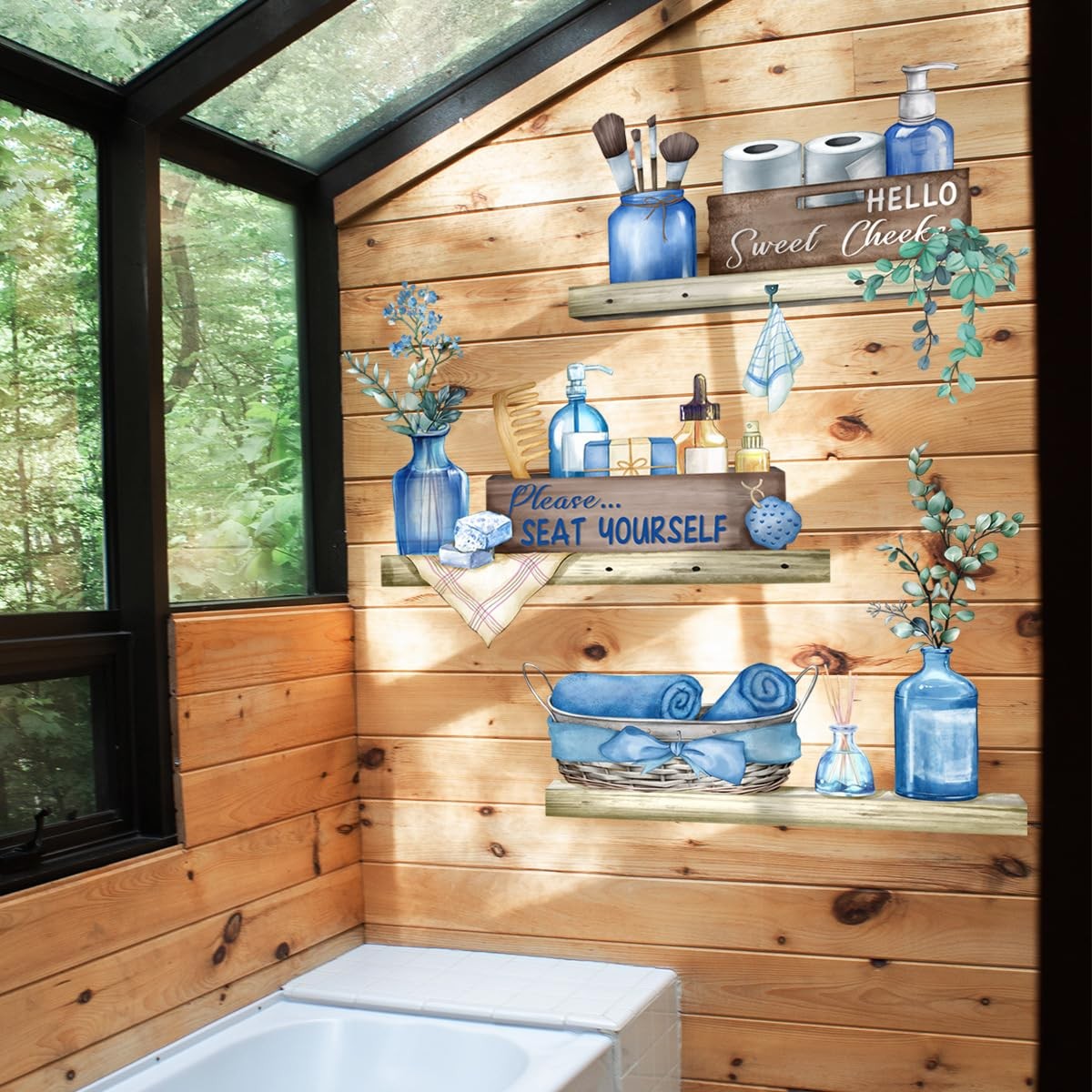 Blue Towel Shelf Wall Decals Cosmetic Brush Organizer Wall Stickers for Bathroom