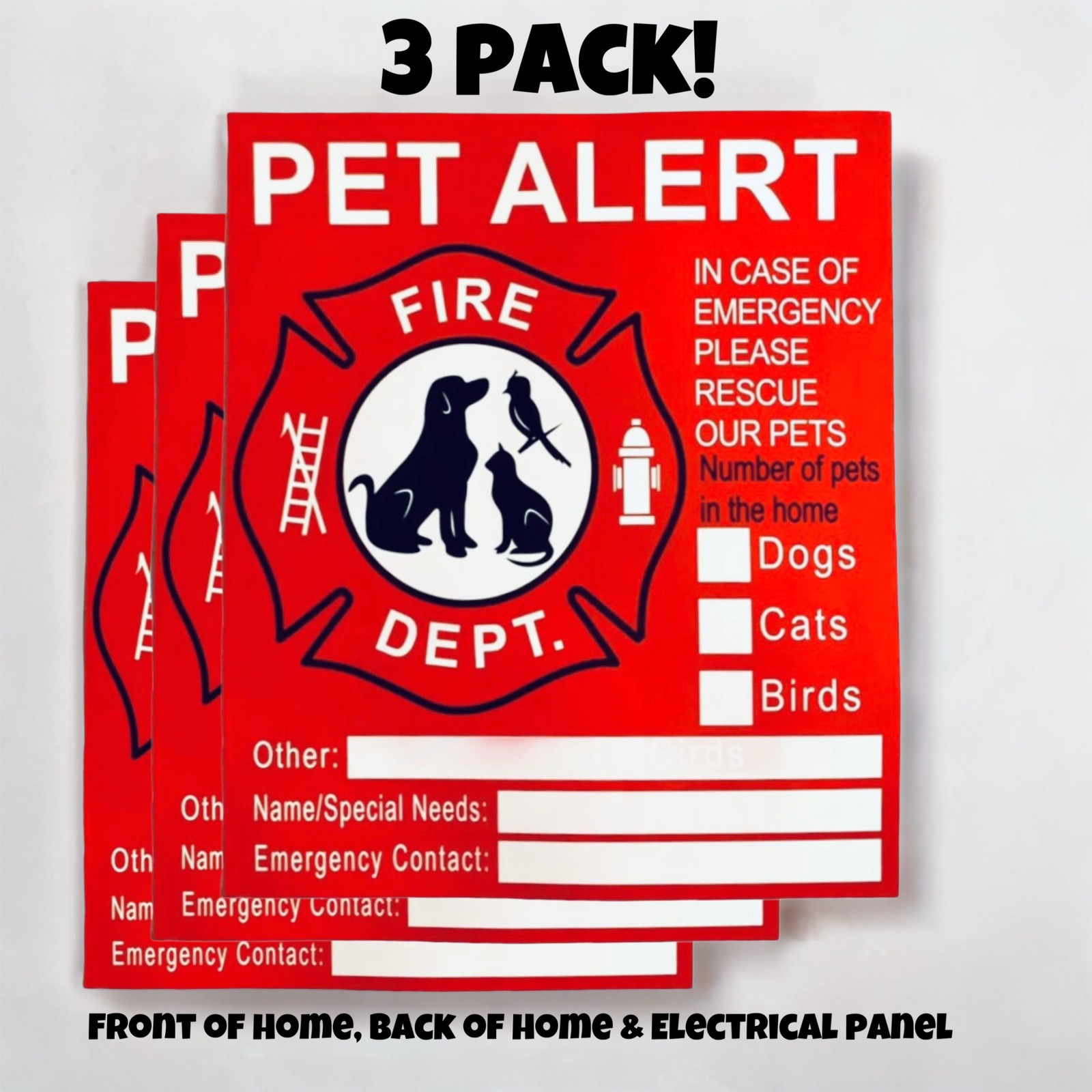 Sticker 3 Pcs Pet Alert For Fire Emergency, Decal Rescue Firefighter Family Home