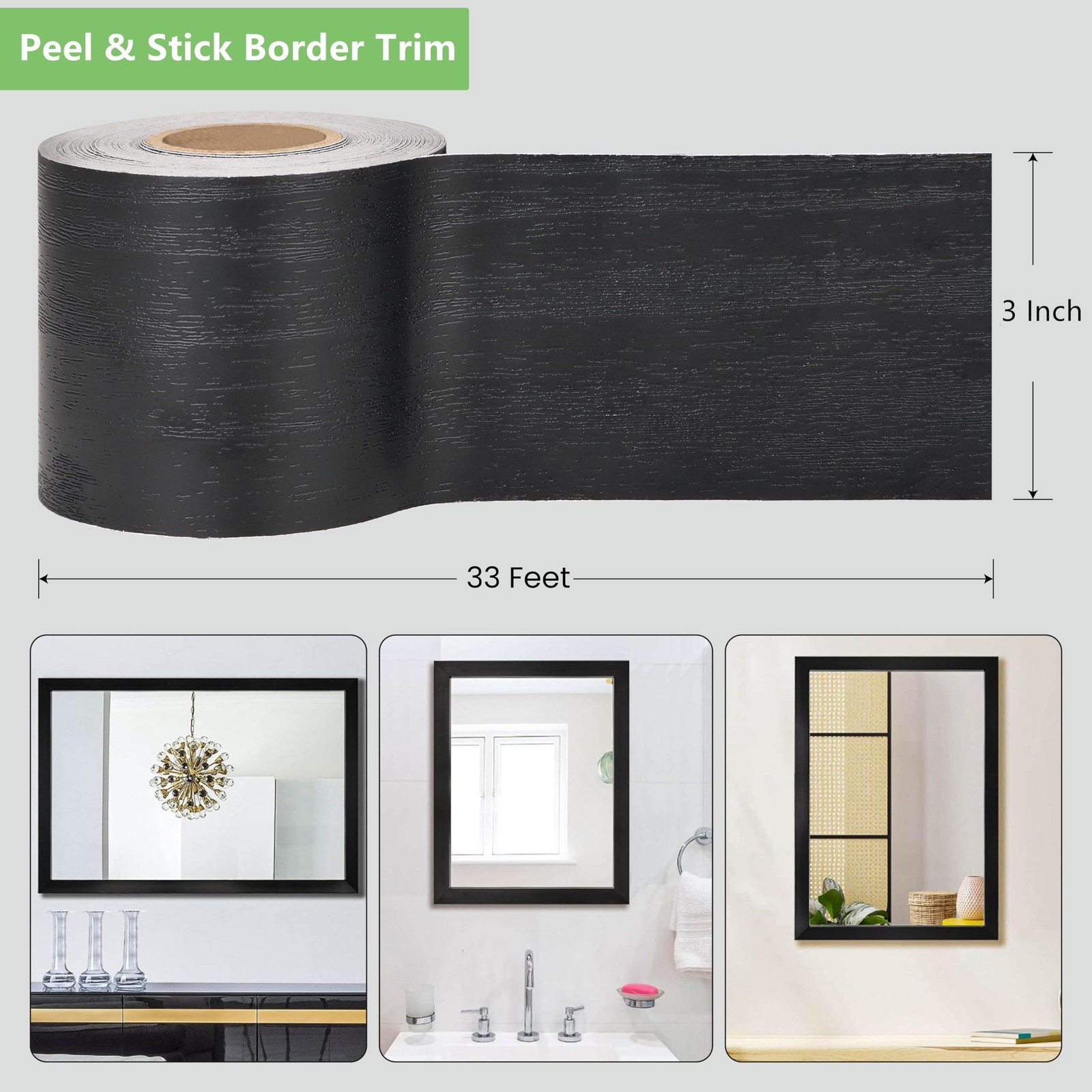 10M Black Mirror Border Wood Grain Wallpaper Bathroom Mirror Border Tape Remo…