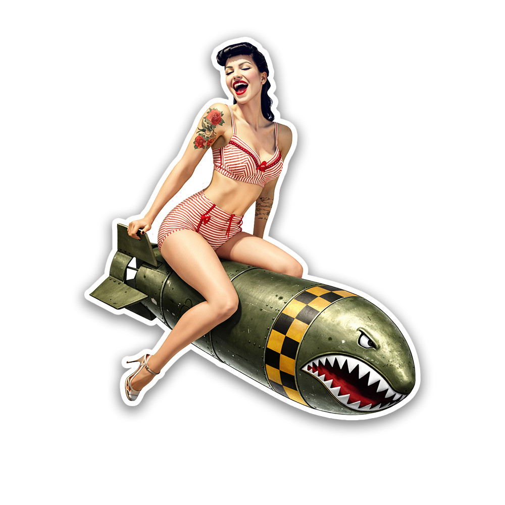WWII PinUp Girl Sticker 4 Inch Vinyl Decal Riding the Bomb USA