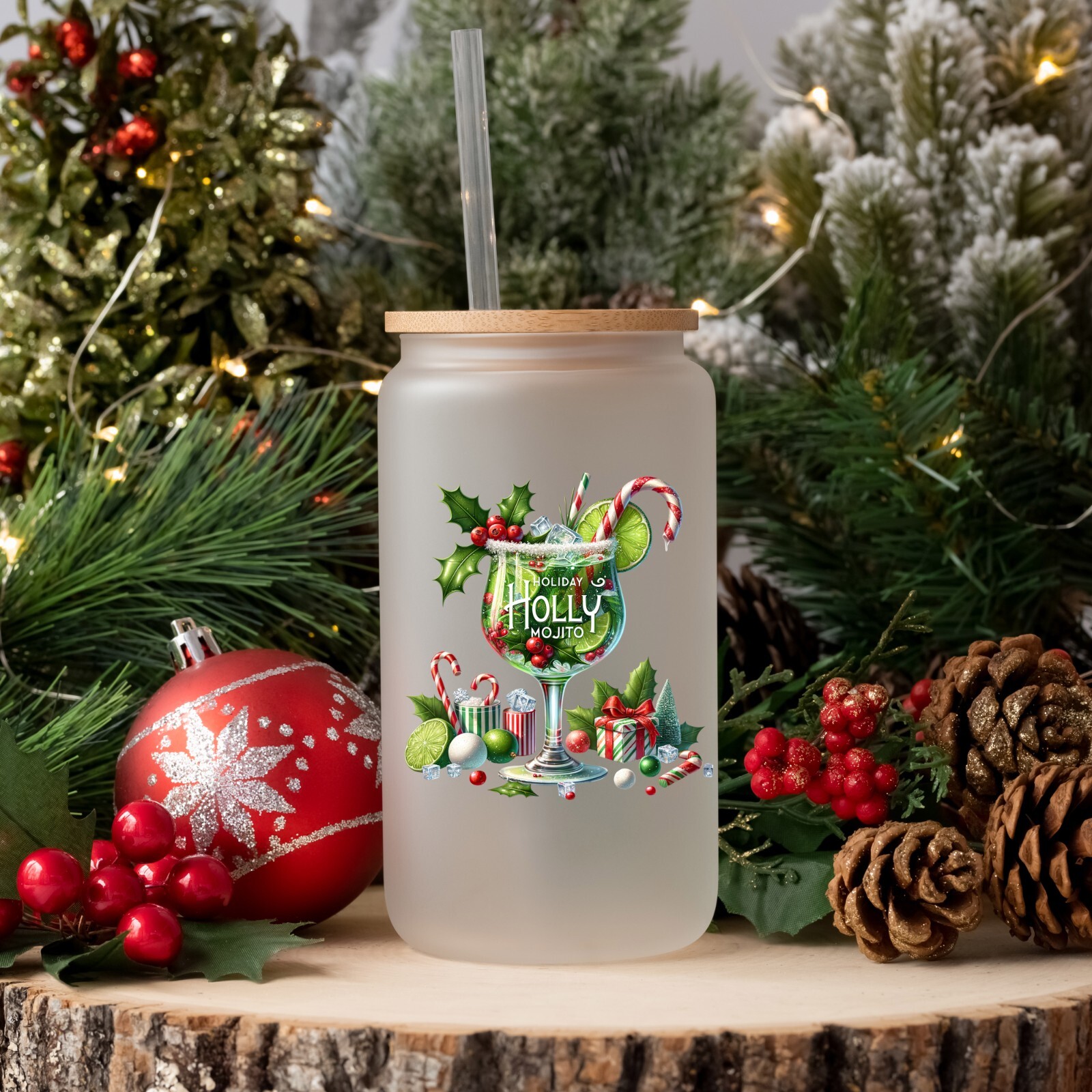 Christmas Holiday Holly Mojito UV DTF Transparent Sticker / Decal
