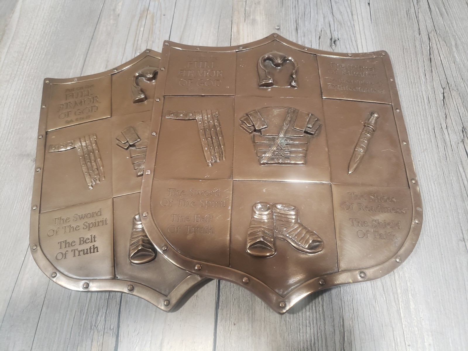 Set Of 2 Armour Of God Antique Brass Wall Plaques