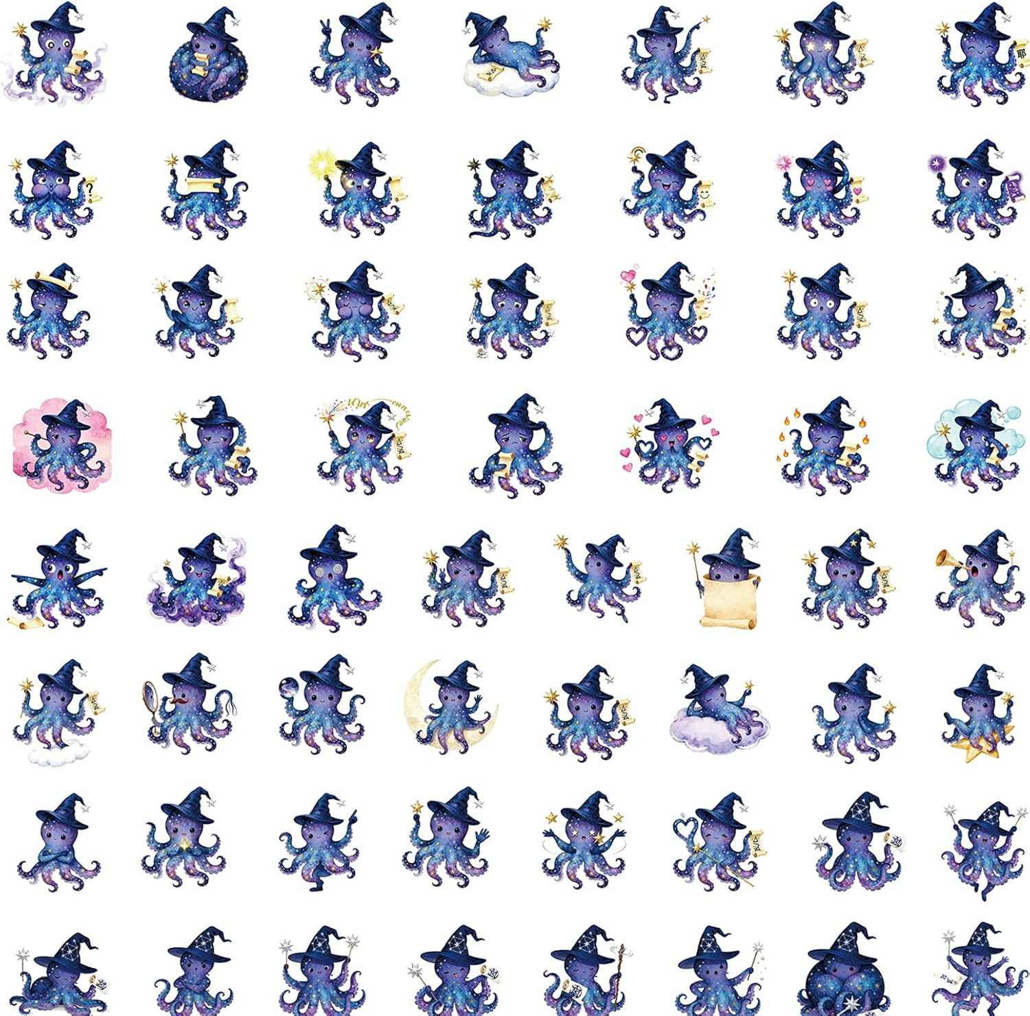 Wizard Octopus Stickers, 60 Piece Set, Waterproof Vinyl Galaxy Theme Decals
