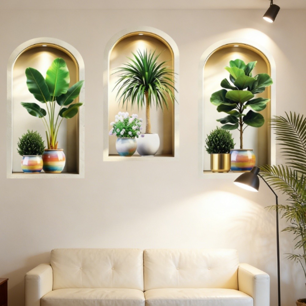 3D Potted Plant Wall Stickers 3PCS Set for Indoor For Room Decoration 40x80cm