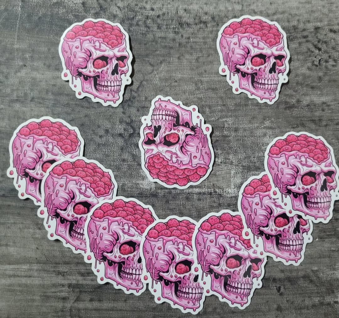 Pink Skull Cheese Meatball For Brains Pop Art Vinyl Sticker 2in.x1.5in.