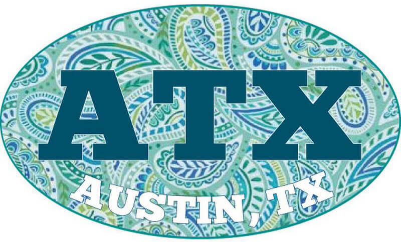 ATX Austin TX Paisley Oval – Postcard Sized Vinyl Sticker 6" x 3.5"