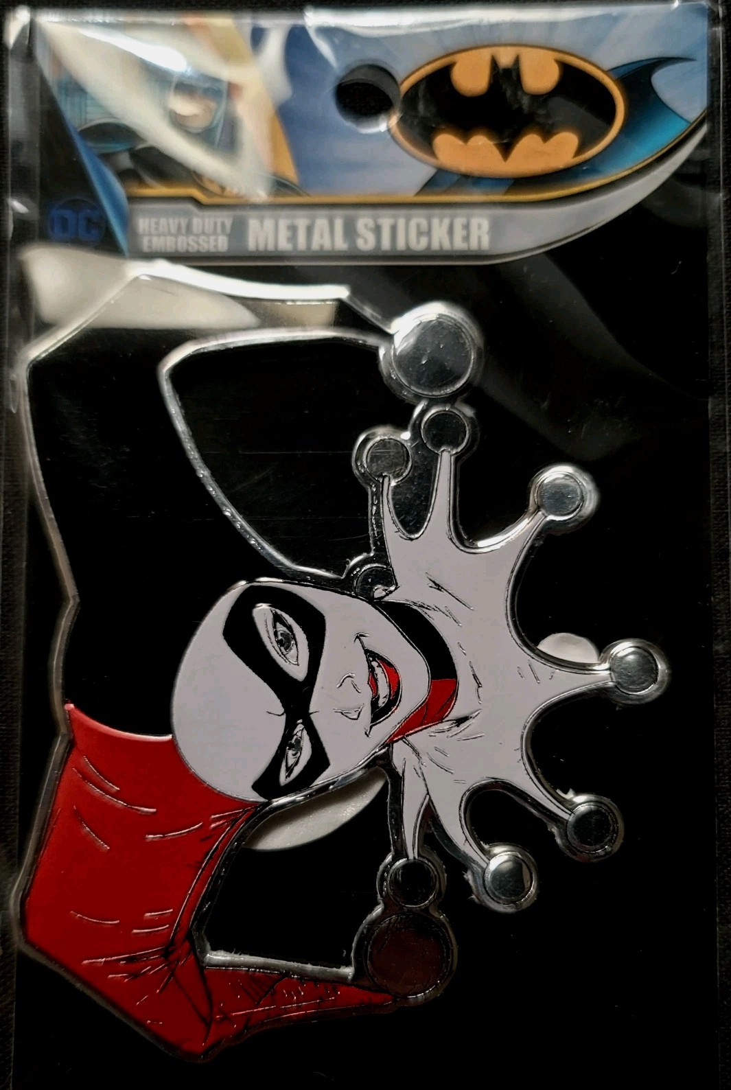 METAL STICKER "HARLEY QUINN" 3 1/4 X 2 1/2" RED BLACK CHROME NICE