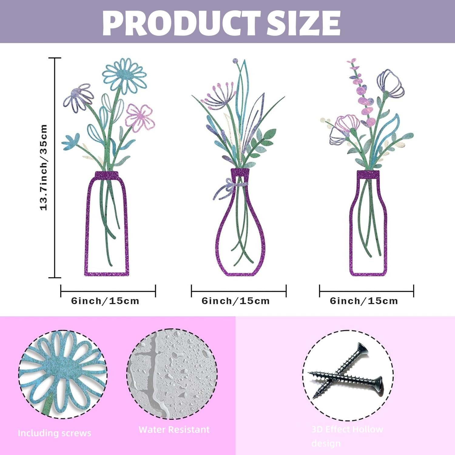 3 PCS Metal Flower Wall Art, 5.1 X 2.1 Inch Iron Vase Wall Decor, Wall Decals…