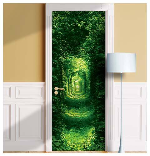 Green Forest Tunnel Door Mural, Laminated Sticker, Cover, Decal. Single piece