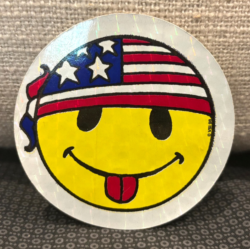 Vintage! Smiley Face with American Flag Bandana Sticker ~Yellow Prism Glitter 3"