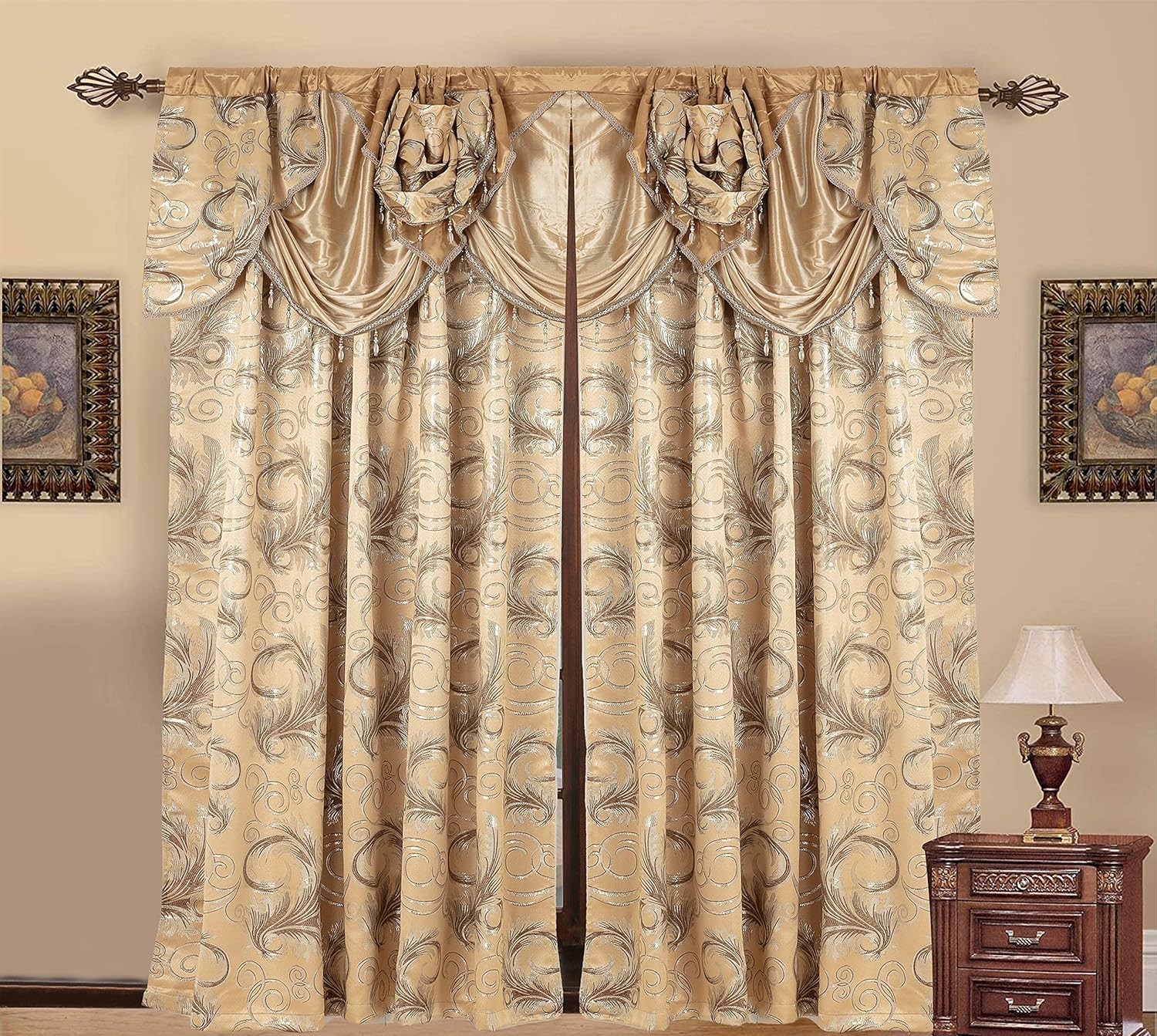 Luxury Jacquard 2 Panel Curtain Set with Valance & Backing – Taupe, 55×84