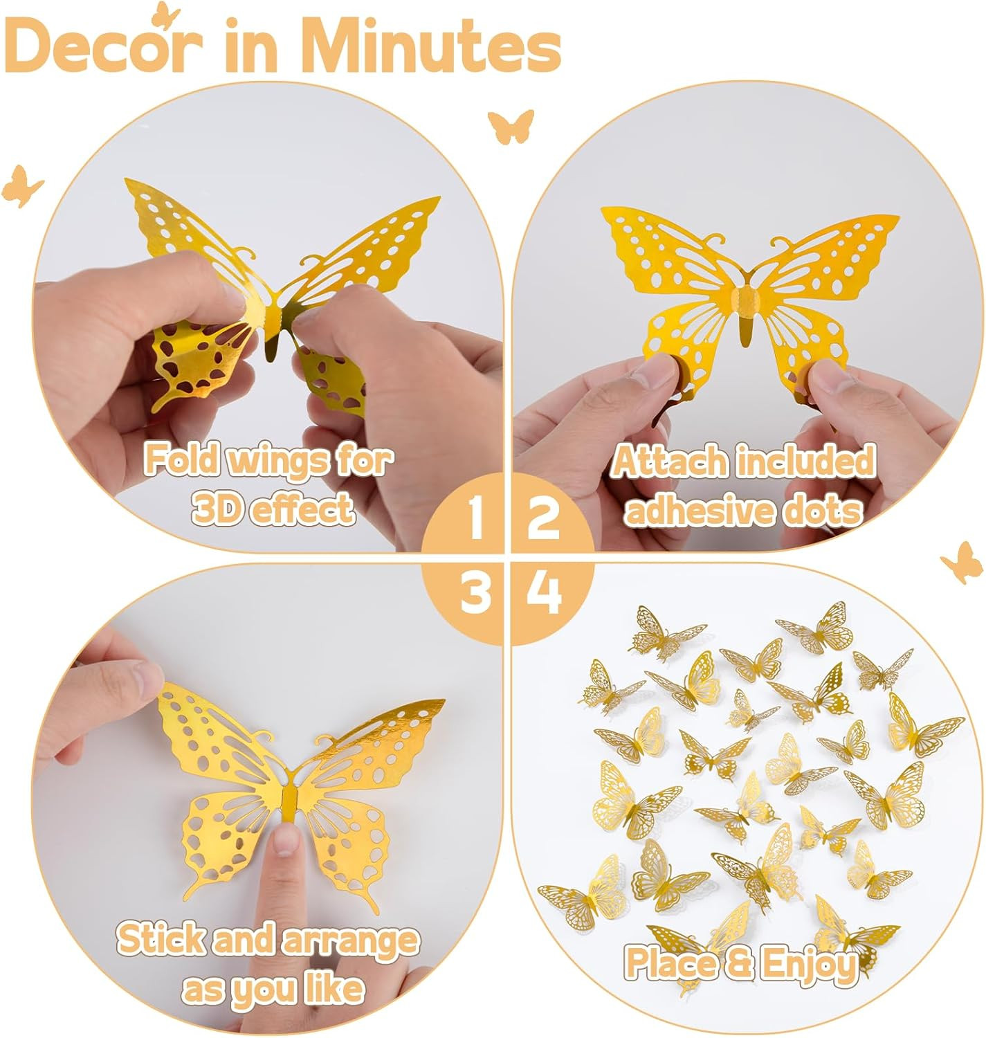 Butterfly Wall Decor, 48Pcs 3D Butterfly Stickers in 3 Sizes & 4 Styles for Ball