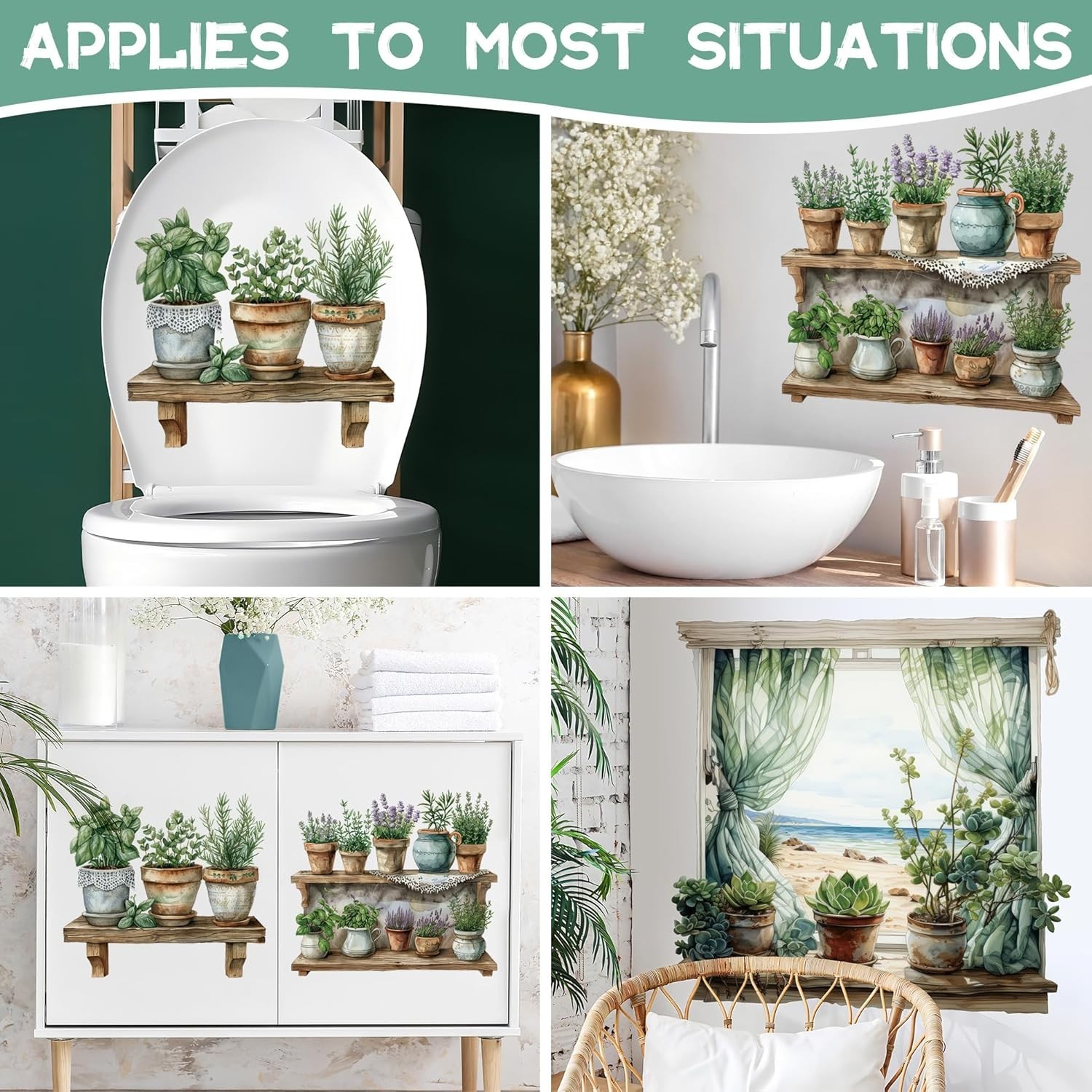 3D Potted Plant Fake Windows Wall Decals Green Plants Succulent Wall Stickers