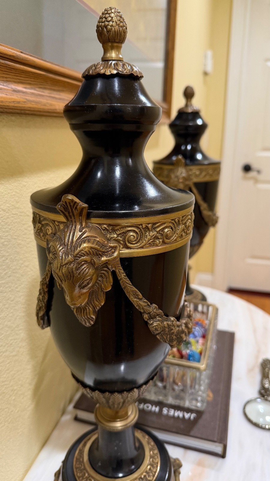 PAIR OF FRENCH LOUIS XVI RAM HEAD BRONZE URNS:MAITLAND SMITH