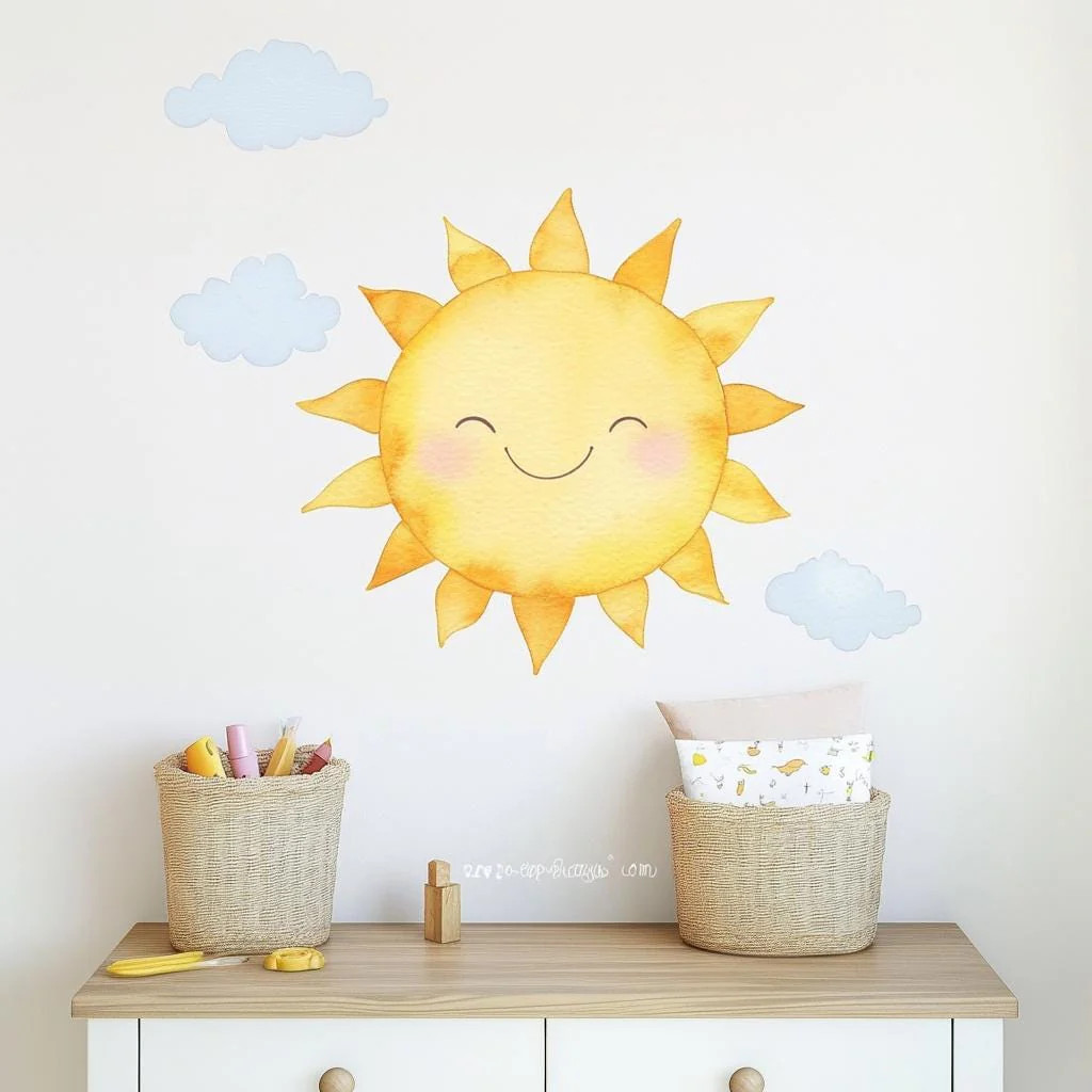 Smiling Sun Wall Decal Sticker | Watercolor Sun and Cloud Nursery Wall Art |