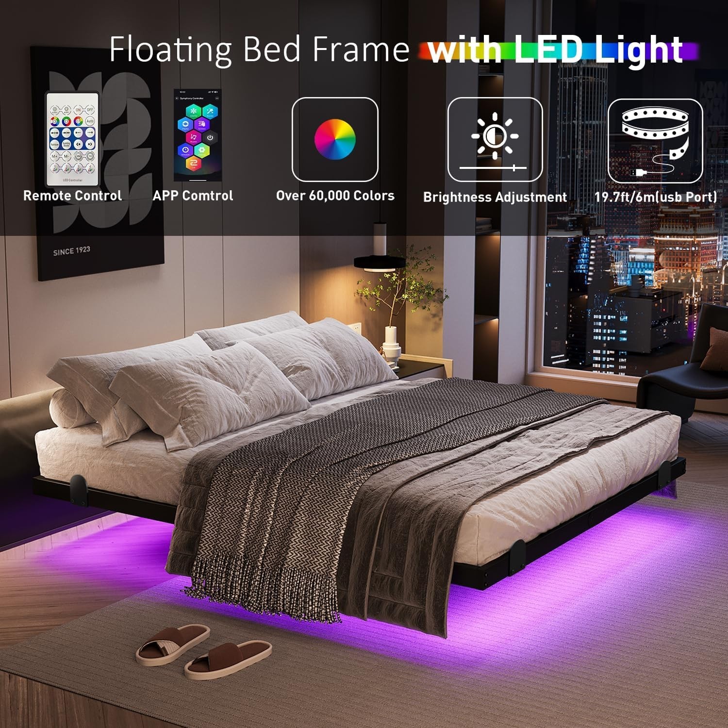 Floating Bed Frame Queen 14 Inch with LED Lights Charging Station Easy Assembly