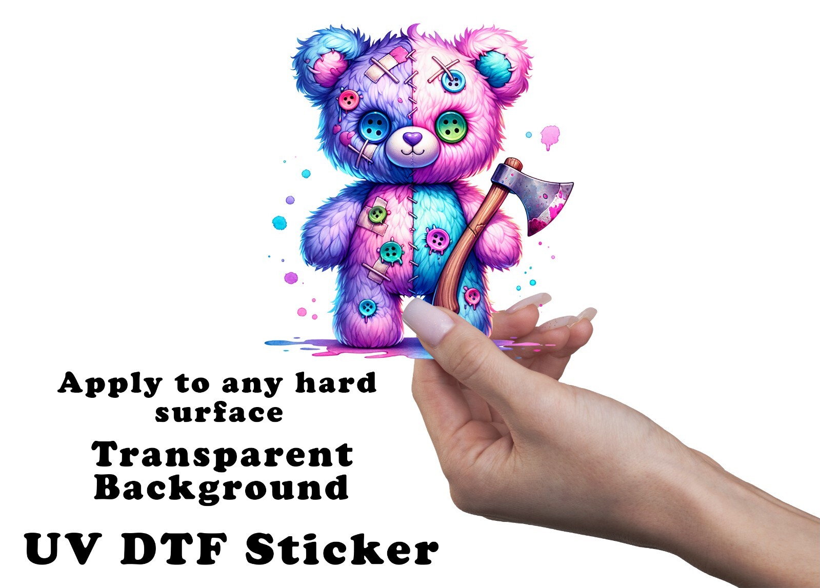 Pink Blue Homicidal Bear UV DTF Transparent Sticker / Decal