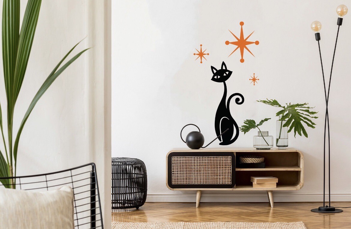 Modern Vintage Cat Starburst With Stars Wall Decal ￼