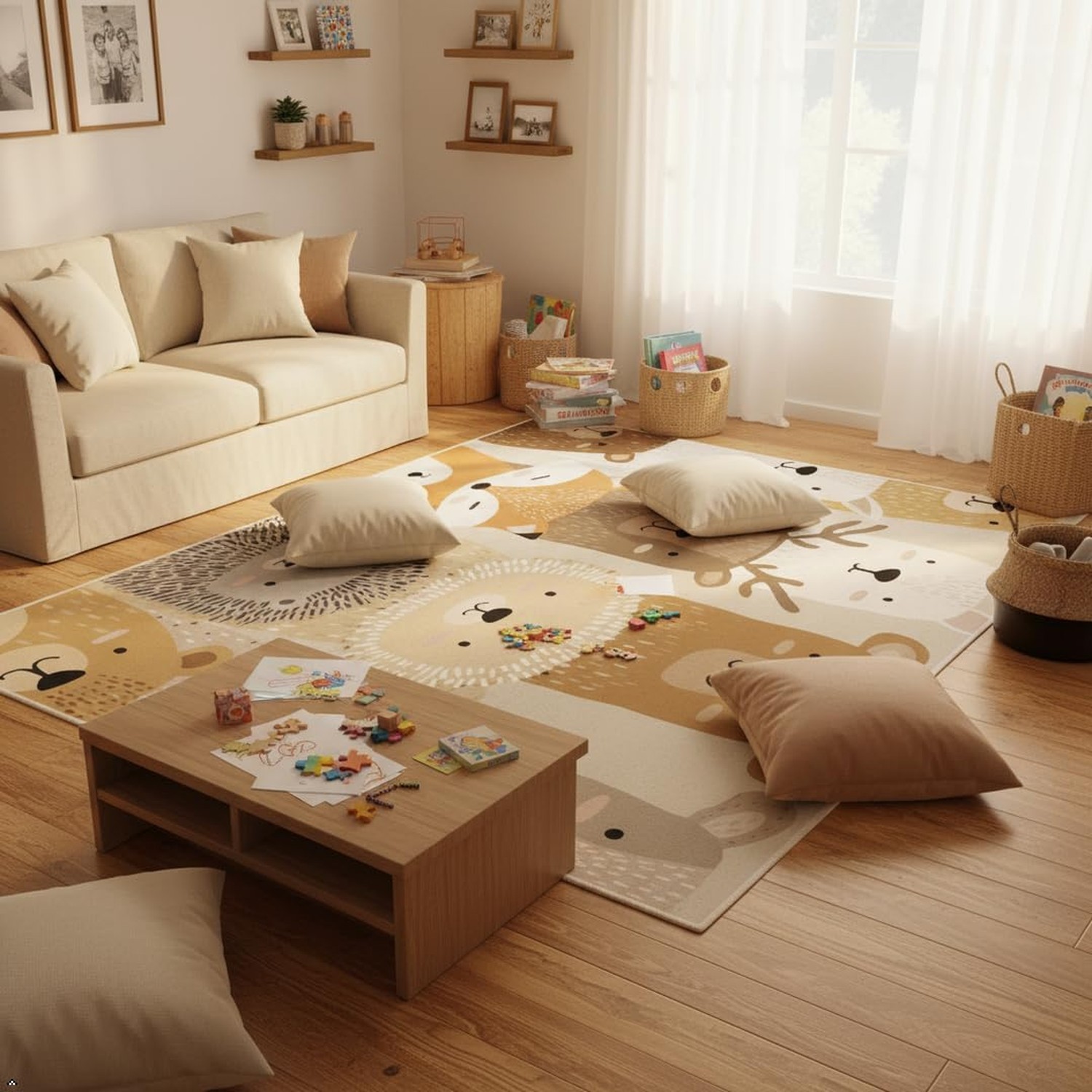 Cute Woodland Animal Rug for Kids Room – 5×8 ft Cartoon Bear Fox Lion Hedgeho…